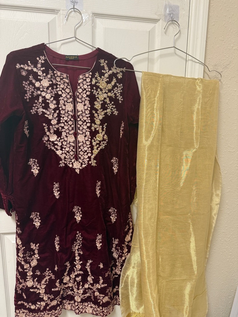 Agha Noor Women's maroon shirt Velvet Long Sleeve Dress with Gold Embroidery